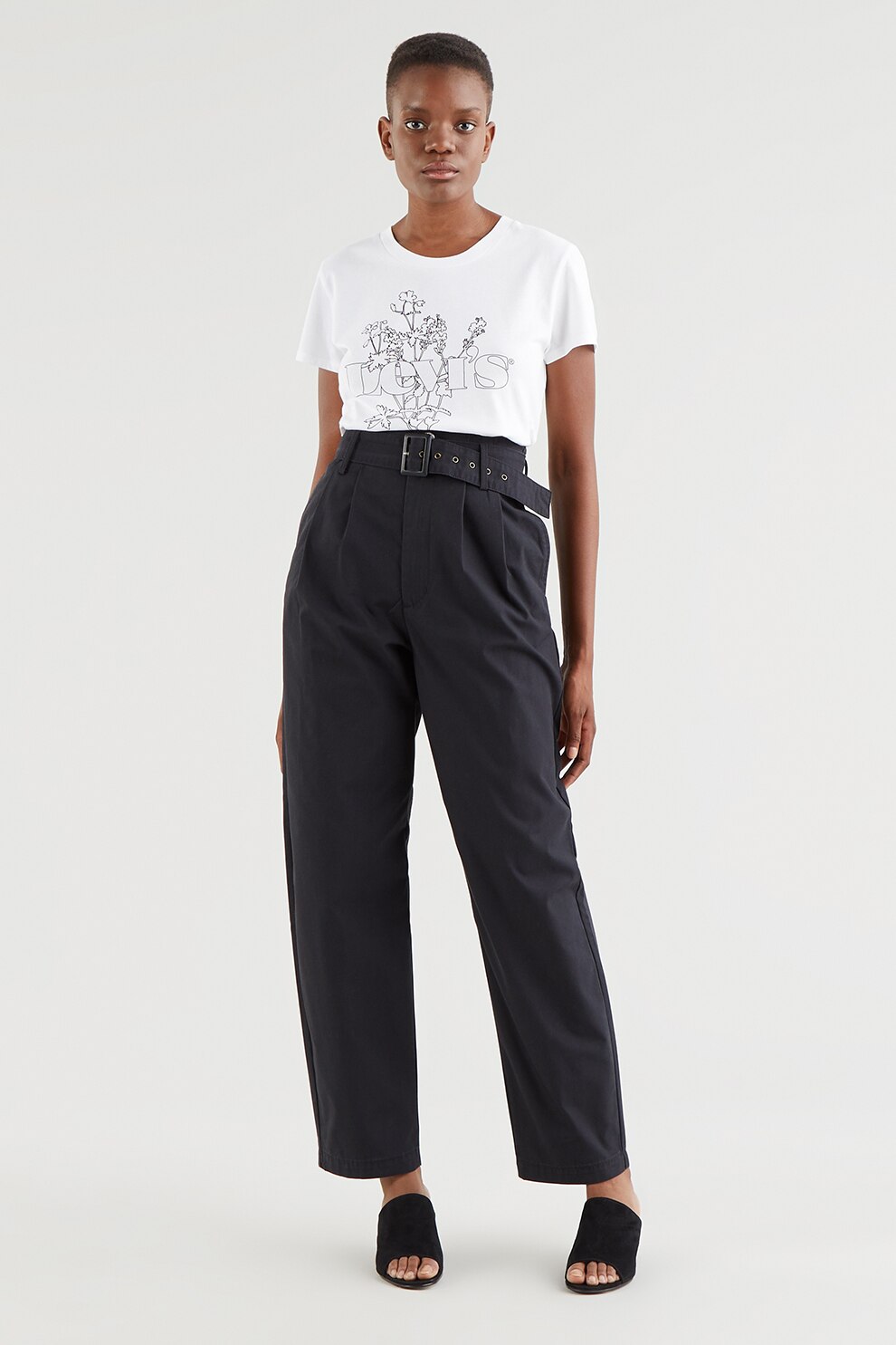 Levi's, Tricou cu decolteu la baza gatului si detaliu grafic, Alb optic/Negru