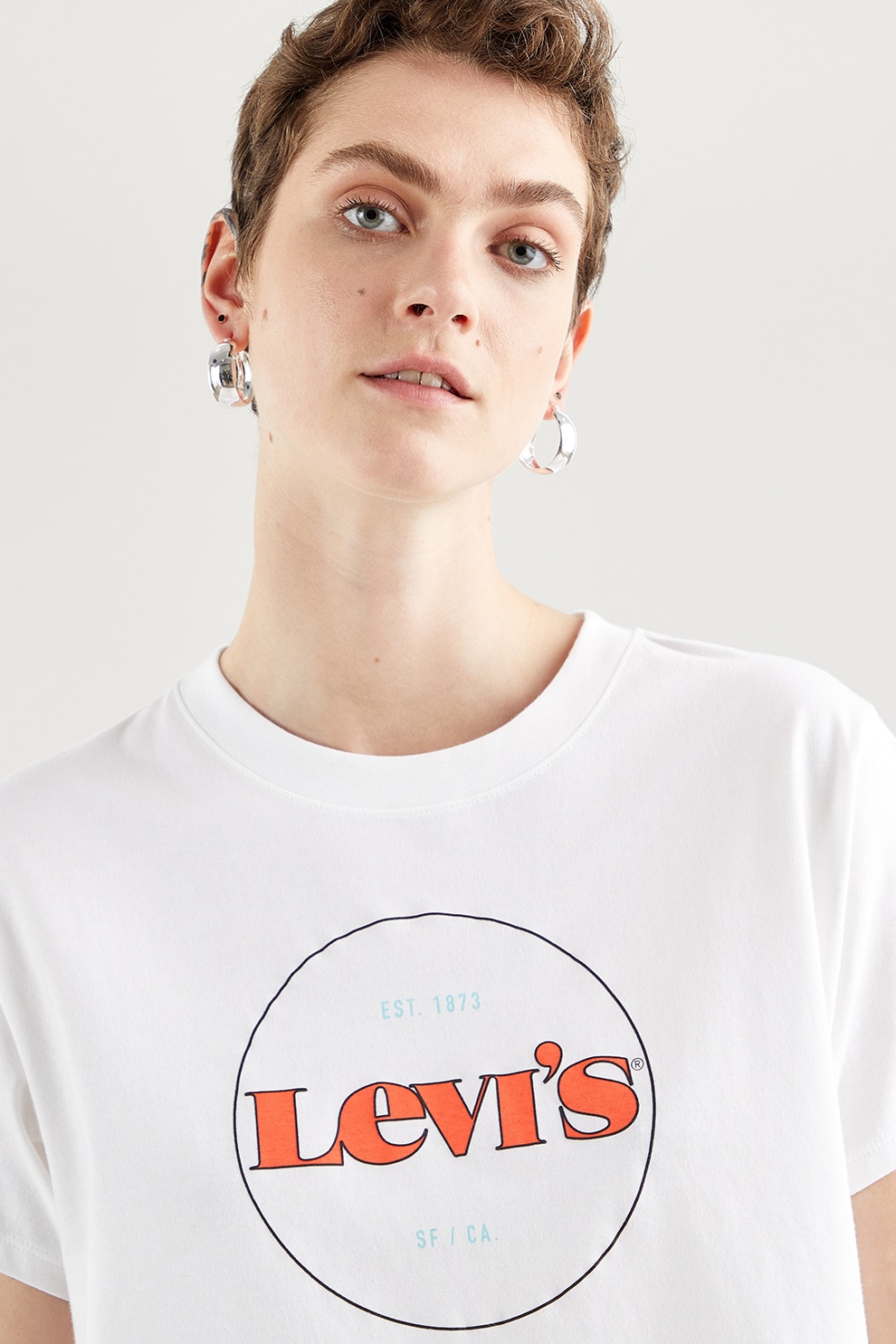 Levi's, Тениска от памук с овално деколте, Бял/Корал, XS - eMAG.bg