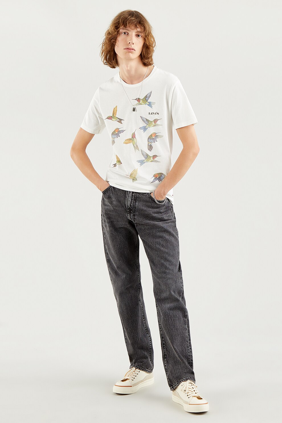 Levi's, Tricou cu decolteu la baza gatului si imprimeu logo, Alb prafuit/Bej