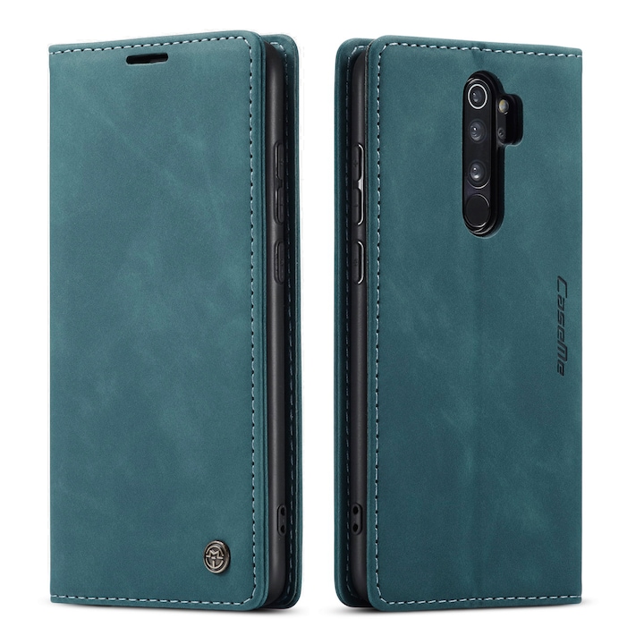 Калъф за Xiaomi Redmi Note 8 Pro, CaseMe, slim, кожен, тип портфейл, стойка, магнитно закопчаване, кадифена текстура, Зеленикаво синьо