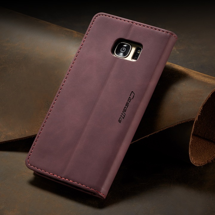 Husa pentru Samsung Galaxy S7 Edge, CaseMe, slim piele, tip portofel, stand, inchidere magnetica, textura catifelata, Visiniu