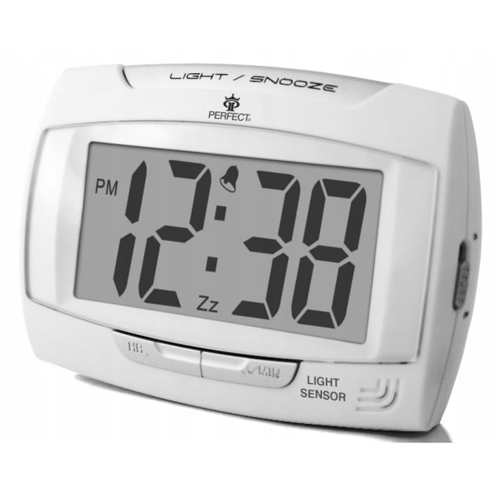 Ceas desteptator digital Perfect LS810, alb, iluminare din spate, functie de amanare, senzor de lumina