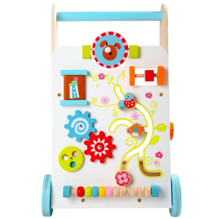 Carucior educational cu impingator de lemn, activitati pentru bebelusi, sortator si roti colorate, 50x30x10cm