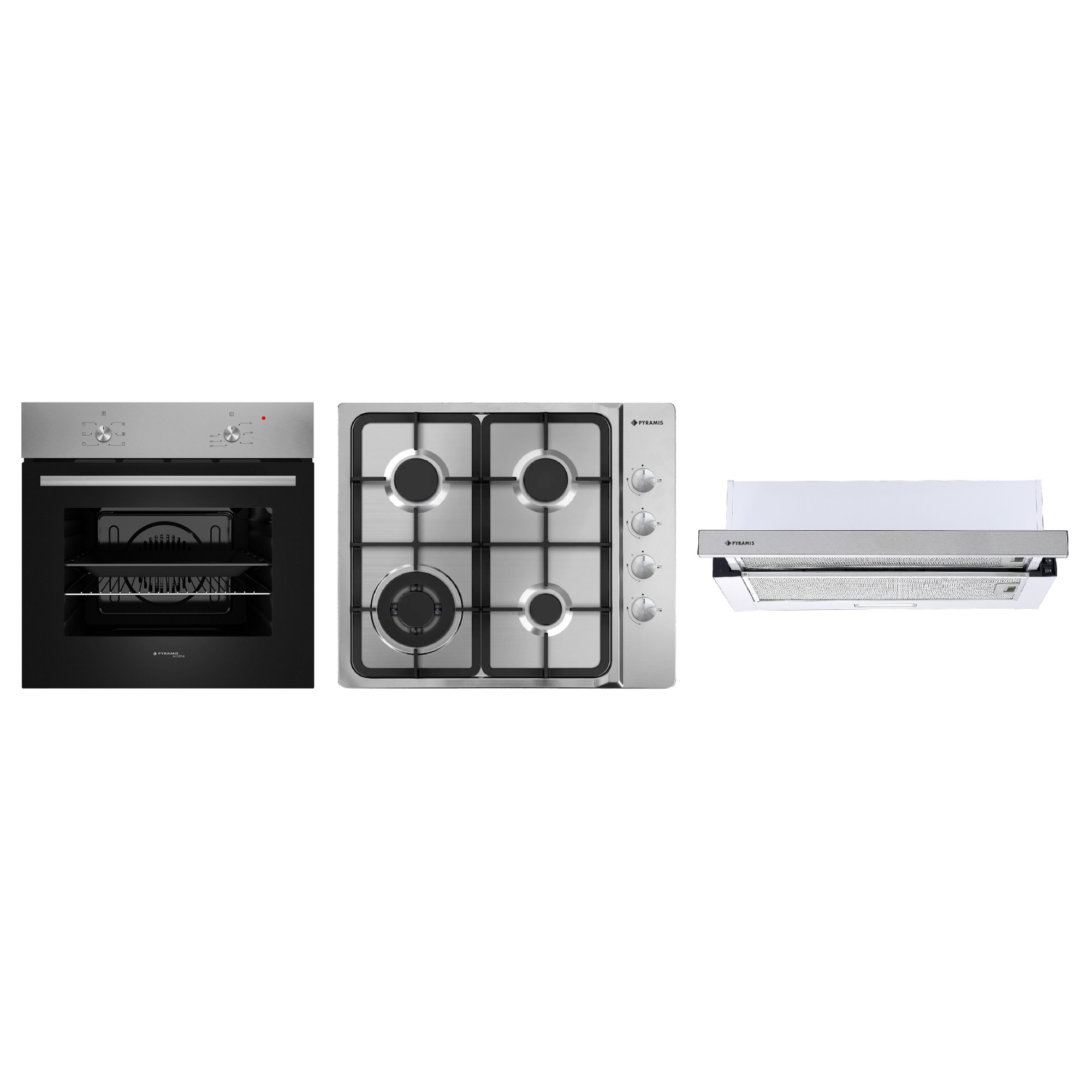 Pachet cuptor electric, plita gaz si hota PYRAMIS 4010, 6 functii, clasa A, volum 62 litri, plita inox, arzator wok, gratare fonta, hota telescopica