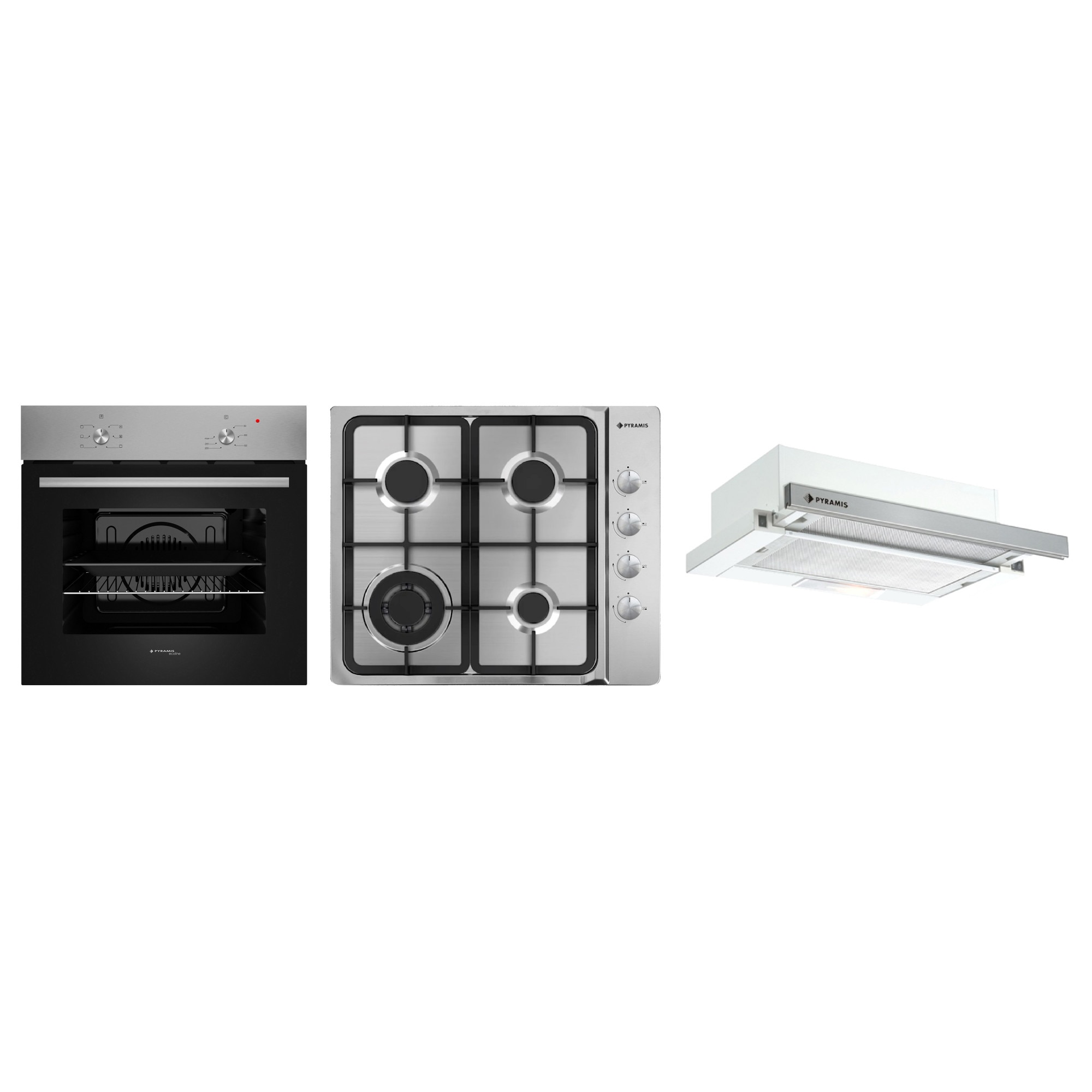 Pachet cuptor electric, plita gaz si hota PYRAMIS 4008, 6 functii, clasa A, volum 62 litri, plita inox, arzator wok, gratare fonta, hota telescopica