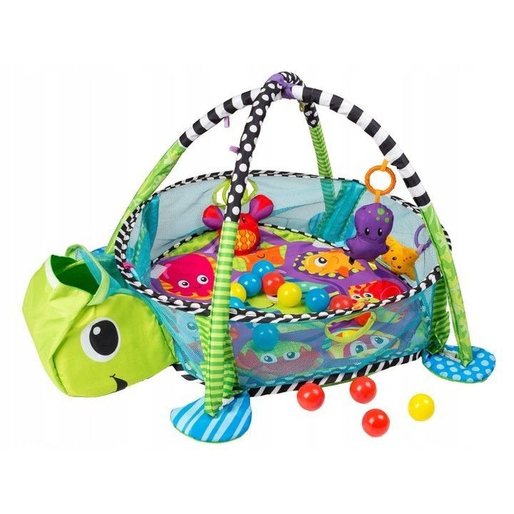 IMK Teknős alakú oktató játszó szőnyeg, színes labdákkal, függő játékokkal, tároló zsebbel, 100 x 68 x 50 cm