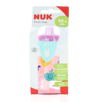Nuk cana Flexi Cup 300 ml cu pai moale din silicon 18 +m roz Nuk cana Flexi Cup 300 ml cu pai moale din silicon 18 +m roz