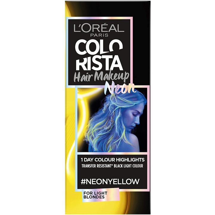 Vopsea de par temporara L'Oreal Paris Colorista Hair Makeup, Pentru par deschis la culoare, Blond neon, 30 ml