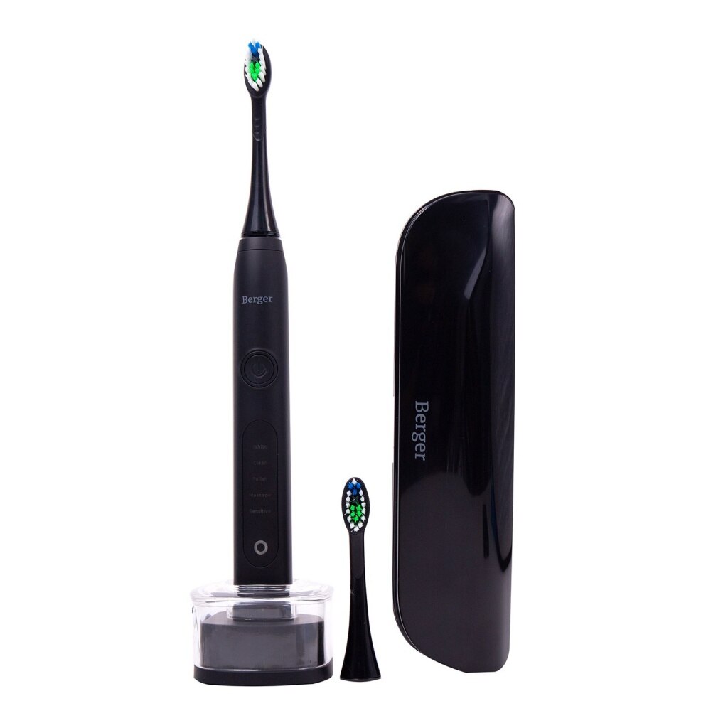 Periuta de dinti electrica reincarcabila Berger TB PRO, Sonic, 40 000 oscilatii /minut, 5 programe, Baterie reincarcabila Litiu-ion 700mAH , 2 rezerve, Carcasa calatorie, Protectie IPX7, Negru