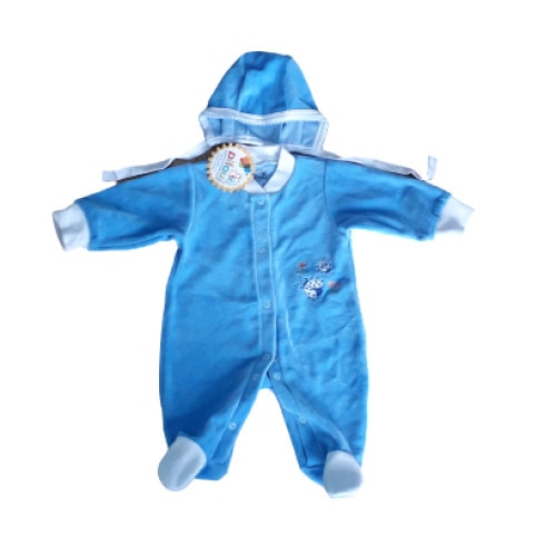 Salopeta cu maneca lunga, botosei si caciulita pentru 1- 2 luni, bleu