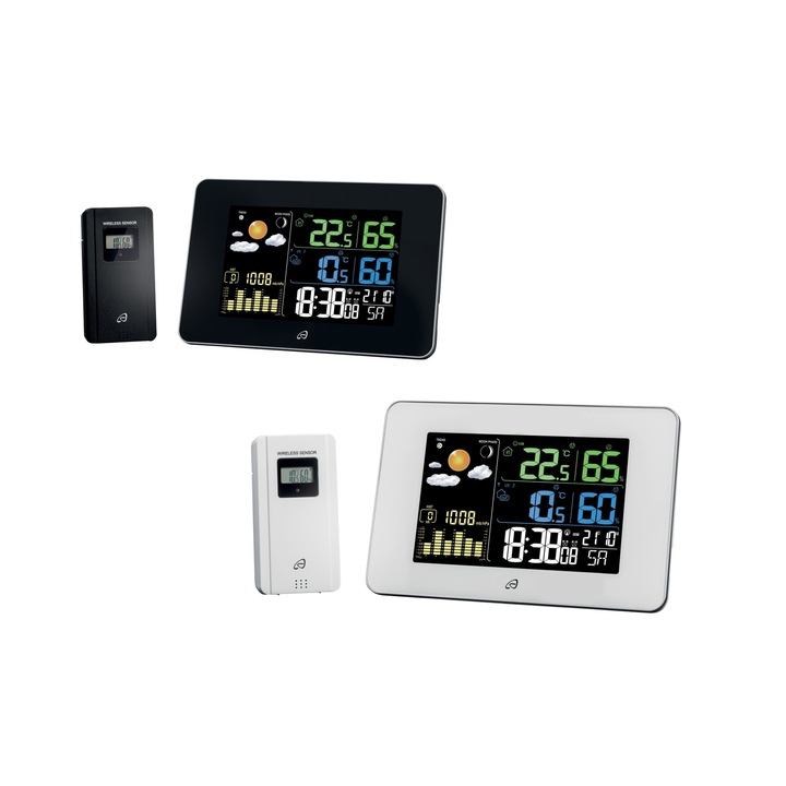 Auriol / Sempre DCF rádiójel vezérelt, digitális, vezeték nélküli hőmérő, időjárás állomás színes LCD kijelzővel, hálózati adapterrel