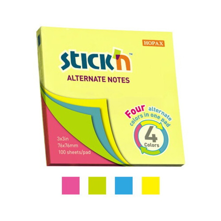 Notes Autoadeziv 76 X 76 Mm, 100 File, Stick"n Alternate - 4 Culori Neon