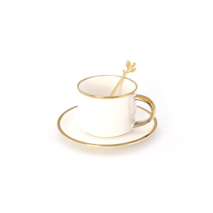 Set de Ceasca cafea 200ml cu farfurie si lingurita din ceramica, Alb