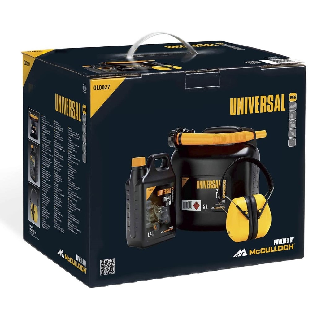 Set ulei de motor pentru tractor de tuns gazonul Universal Gardena, 4 timpi, 10W40, Cu recipient pentru combustibil si casti protectoare, 1,4 l