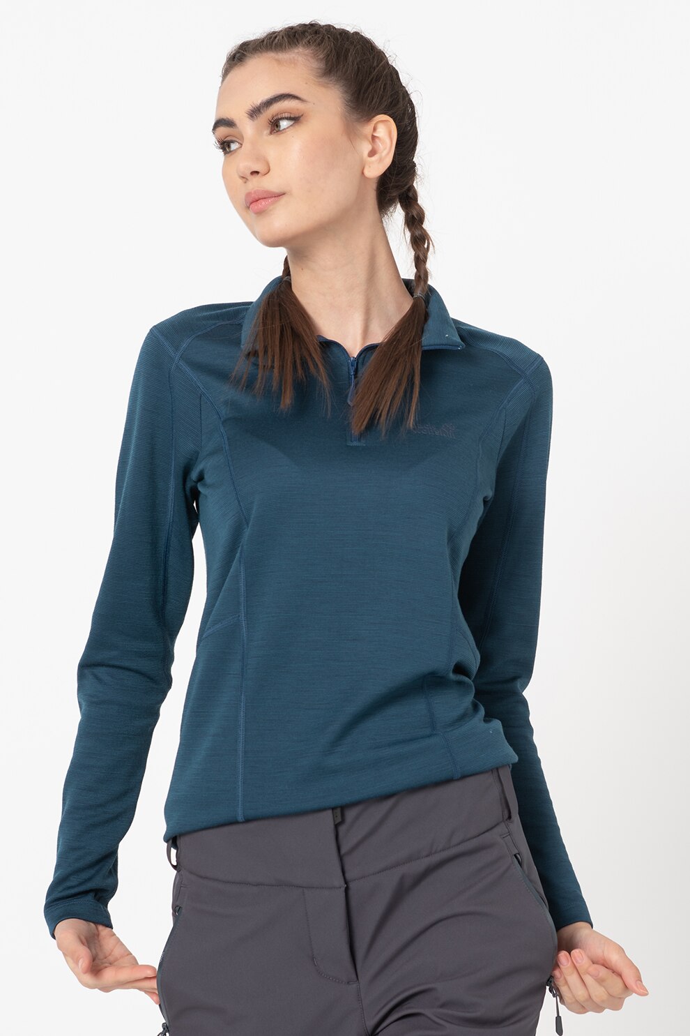 Jack Wolfskin, Bluza din amestec de lana cu fermoar scurt pentru ski Arctic XT, Albastru inchis, S