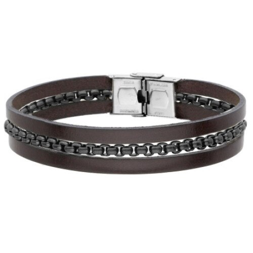 Bratara Manoki BA838AB, piele maro, inox negru, lungime 21cm
