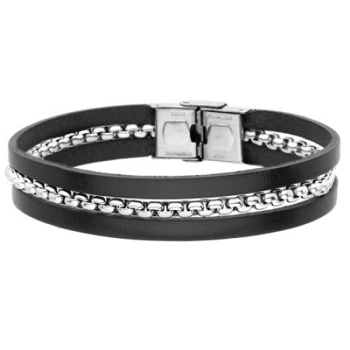 Bratara Manoki BA838BS, piele neagra, inox argintiu, lungime 21cm