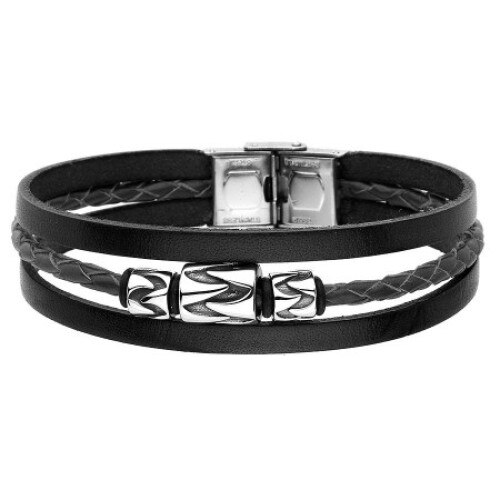 Bratara Manoki BA846B, piele neagra, inox, lungime 21cm, latime 12mm