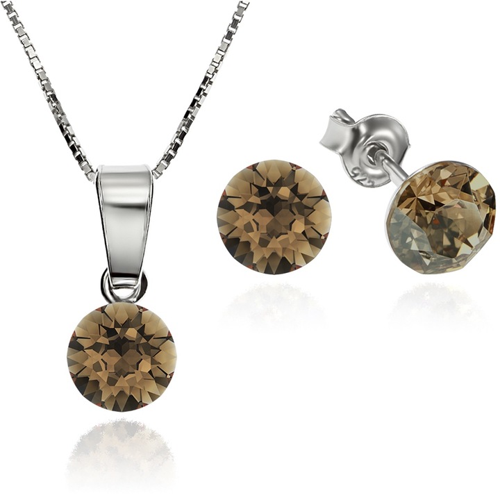 Set Argint 925 placat cu rodiu cu cristale Swarovski® Xirius Light Smoked Topaz 6mm + Lant