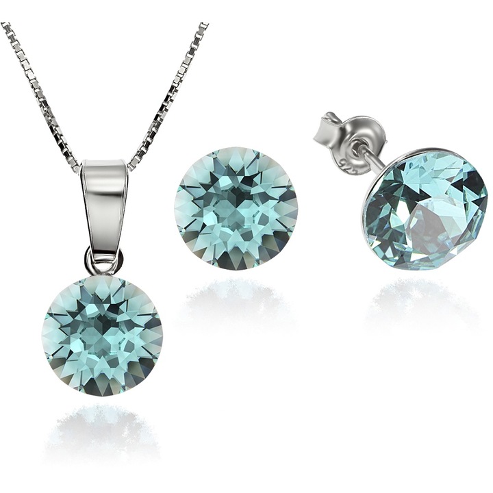 Set Argint 925 placat cu rodiu cu cristale Swarovski® Xirius Light Turquoise 8mm Surub + Lant