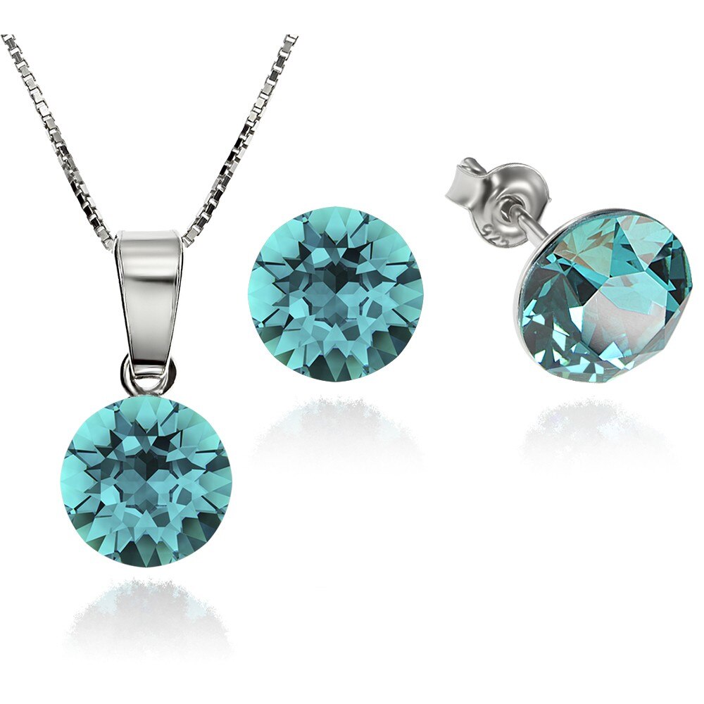 Set Argint 925 placat cu rodiu cu cristale Swarovski® Xirius Blue Zircon 8mm Surub + Lant