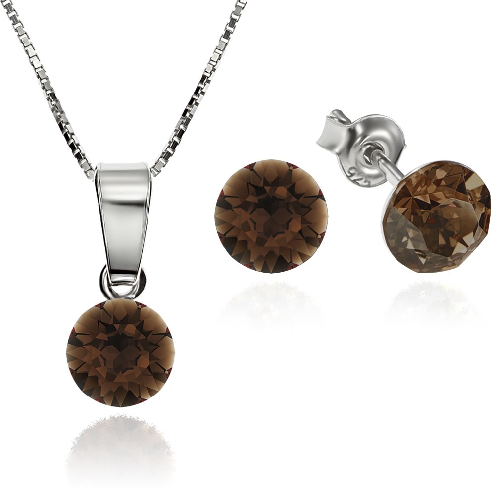 Set Argint 925 placat cu rodiu cu cristale Swarovski® Xirius Somoked Topaz 6mm Surub + Lant