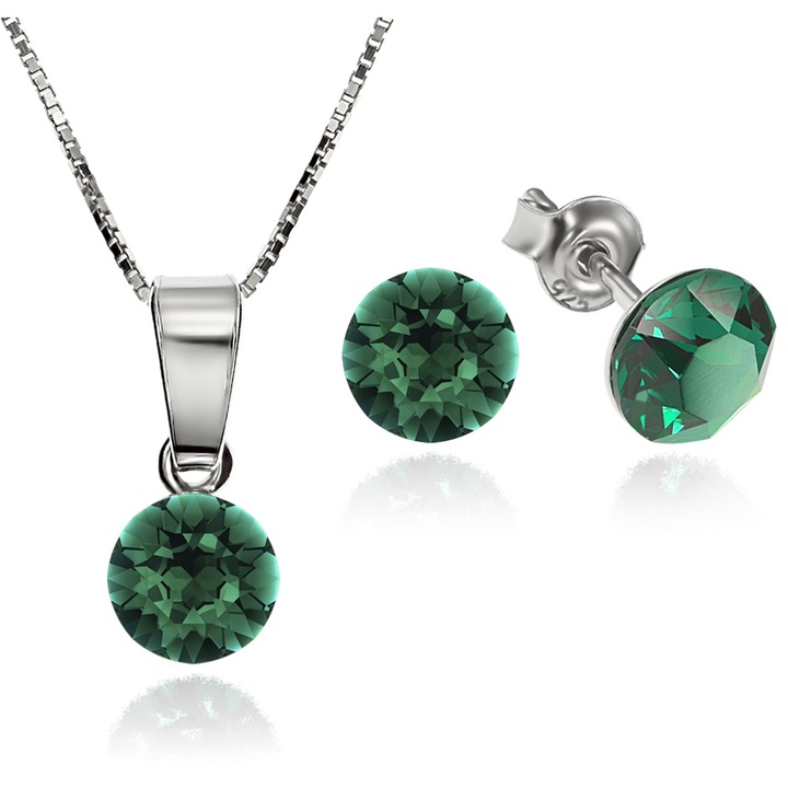 Set Argint 925 placat cu rodiu cu cristale Swarovski® Xirius Emerald 6mm Surub + Lant