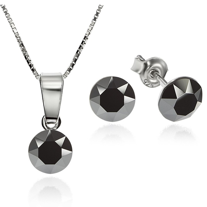 Set Argint 925 placat cu rodiu cu cristale Swarovski® Xirius Jet Hematite 6mm Surub + Lant