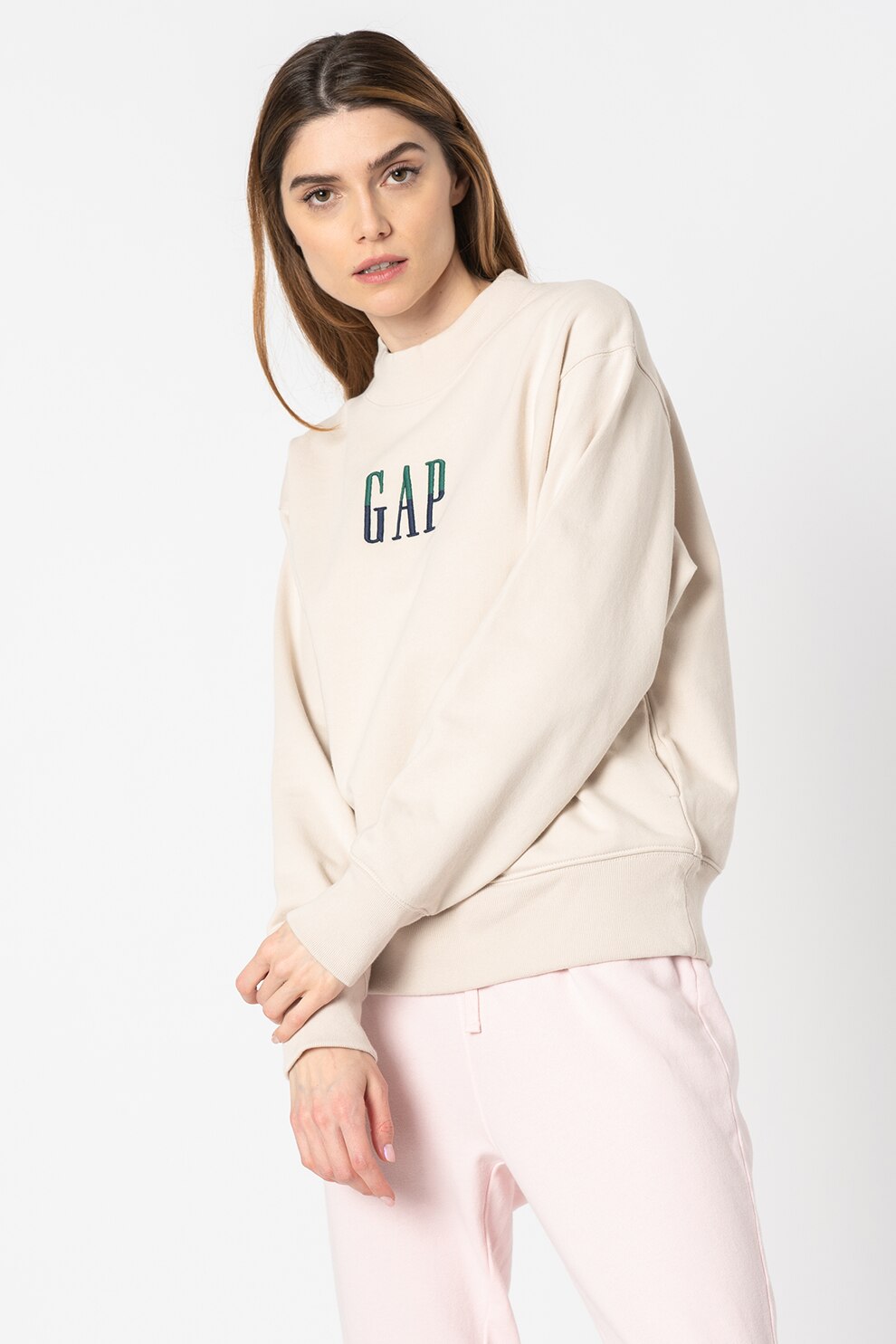 GAP, Bluza cu decolteu la baza gatului si logo, Bej deschis, L