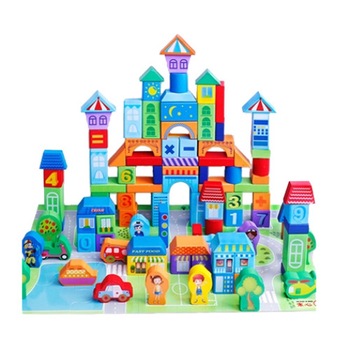 Set 100 de cuburi de construit din lemn natural pentru copii,  Set 100 de cuburi de construit din lemn natural pentru copii,