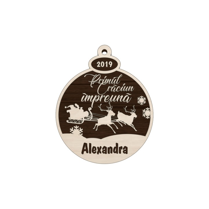 Glob Craciun personalizat cu nume si gravura, DekoLaser, GN011, din lemn natur, 7 cm