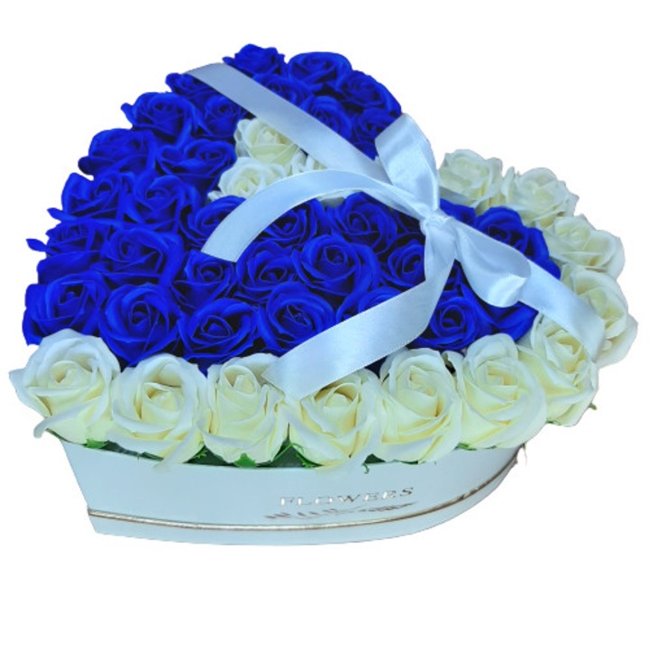 Cutie cu 45 trandafiri din sapun, albi si albastrii cu miros fin de trandafiri, 30x30x18 cm