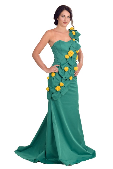 Вечерна рокля, Evergreen, С тафта и флорални апликации, Зелен