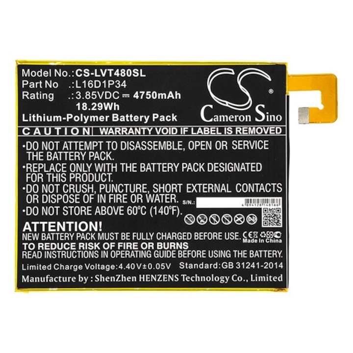 Akkumulátor, kompatibilis Lenovo Tab 4 8 Plus (TB-8704F) / Tab 4 8 (TB-8504F) Cameron sino li-polymer akku (3.85v/4750mAh, lenovo l16d1p34 kompatibilis) fekete, gigapack csomagolás