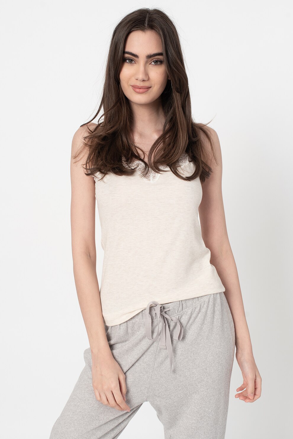 Triumph, Top de casa, din jerseu, cu garnituri de dantela, Maro nisip