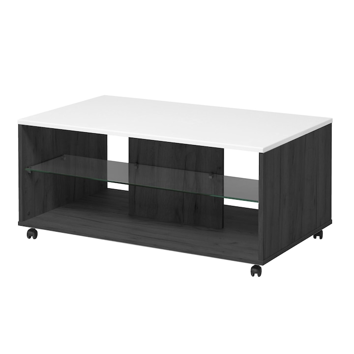 Masuta cafea DacEnergy©, material PAL melaminat, aspect de lemn negru, blat din MDF, folie lucioasa alba, polita din sticla transparenta, forma dreptunghiulara, 101 x 60 x 45 cm, 1C