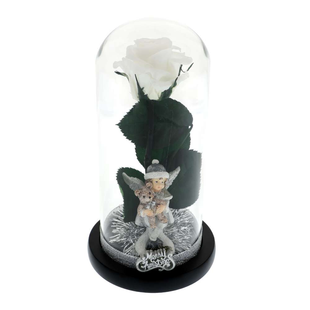 Trandafir Criogenat Alb cu Inger in Cupola 11x22 cm