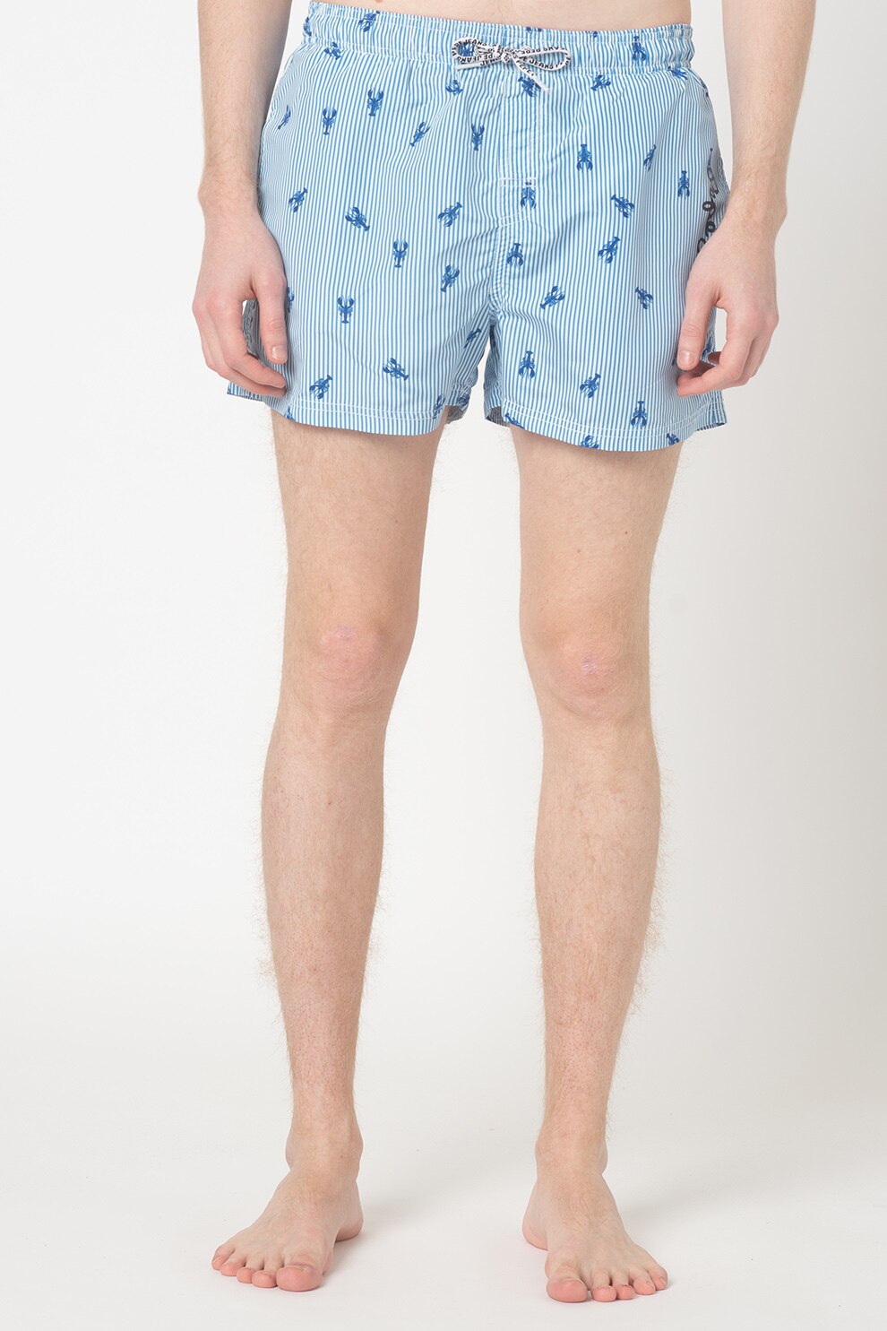 Pepe Jeans London, Pantaloni scurti de baie in dungi cu snur in talie, Albastru royal/Alb optic