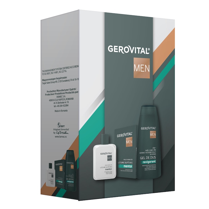Gerovital Men ajándékkészlet: Menthol After Shave Lotion, 100 ml + 3 az 1-ben frissítő tusfürdő, 400 ml