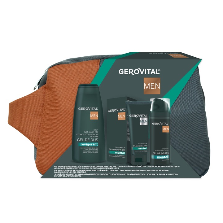 Gerovital Men ajándékcsomag: 3 az 1-ben élénkítő tusfürdő, 400 ml + mentolos borotvahab, 200 ml + after shave balzsam, 100 ml + táska
