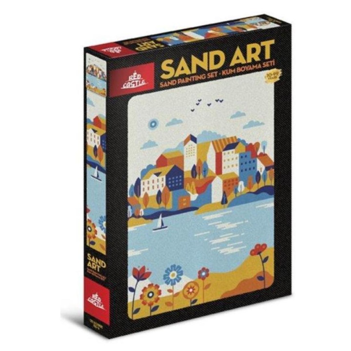 Set creativ, pictura cu nisip colorat, 1 plansa 23,5 x 33 cm, ORASUL DE PE LAC, 22 tuburi nisip multicolor, 1 penseta, 1 folie protectie, pentru 10 – 99 ani