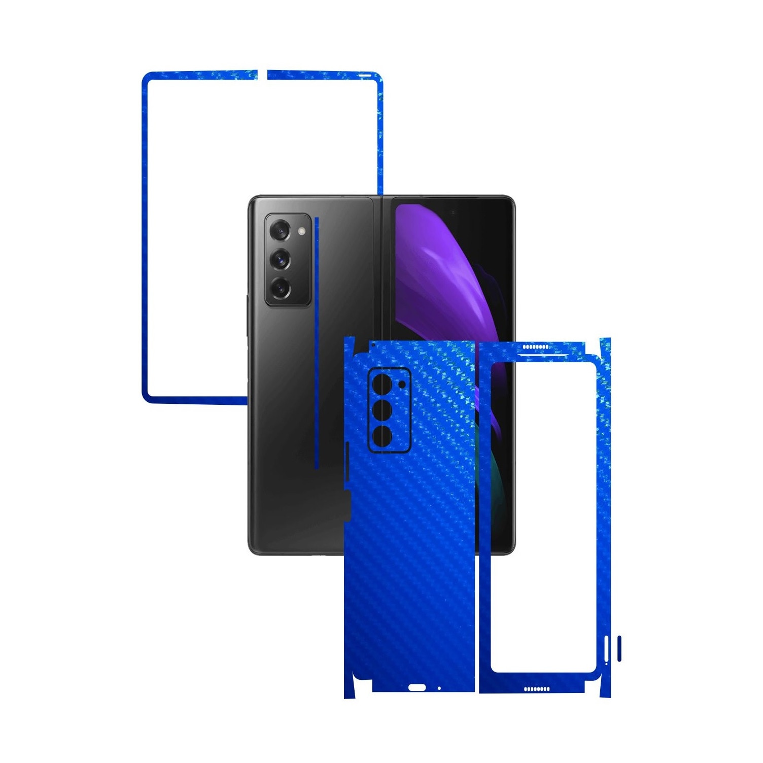 Folie Protectie Carbon Skinz pentru Samsung Galaxy Z Fold 2 5G - Carbon Albastru 360 Cut, Skin Adeziv Full Body Cover pentru Rama Ecran, Carcasa Spate si Laterale