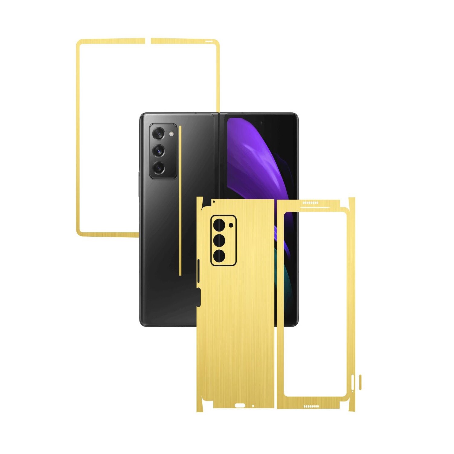 Folie Protectie Carbon Skinz pentru Samsung Galaxy Z Fold 2 5G - Brushed Auriu 360 Cut, Skin Adeziv Full Body Cover pentru Rama Ecran, Carcasa Spate si Laterale