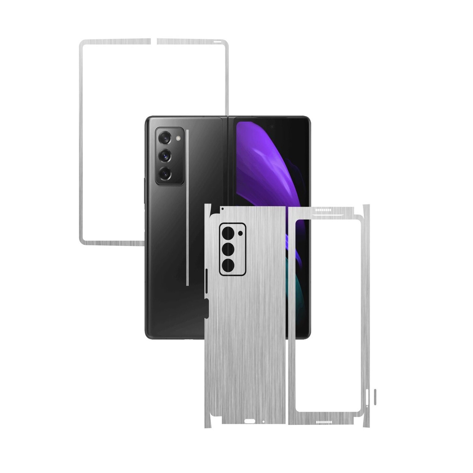 Folie Protectie Carbon Skinz pentru Samsung Galaxy Z Fold 2 5G - Brushed Argintiu 360 Cut, Skin Adeziv Full Body Cover pentru Rama Ecran, Carcasa Spate si Laterale