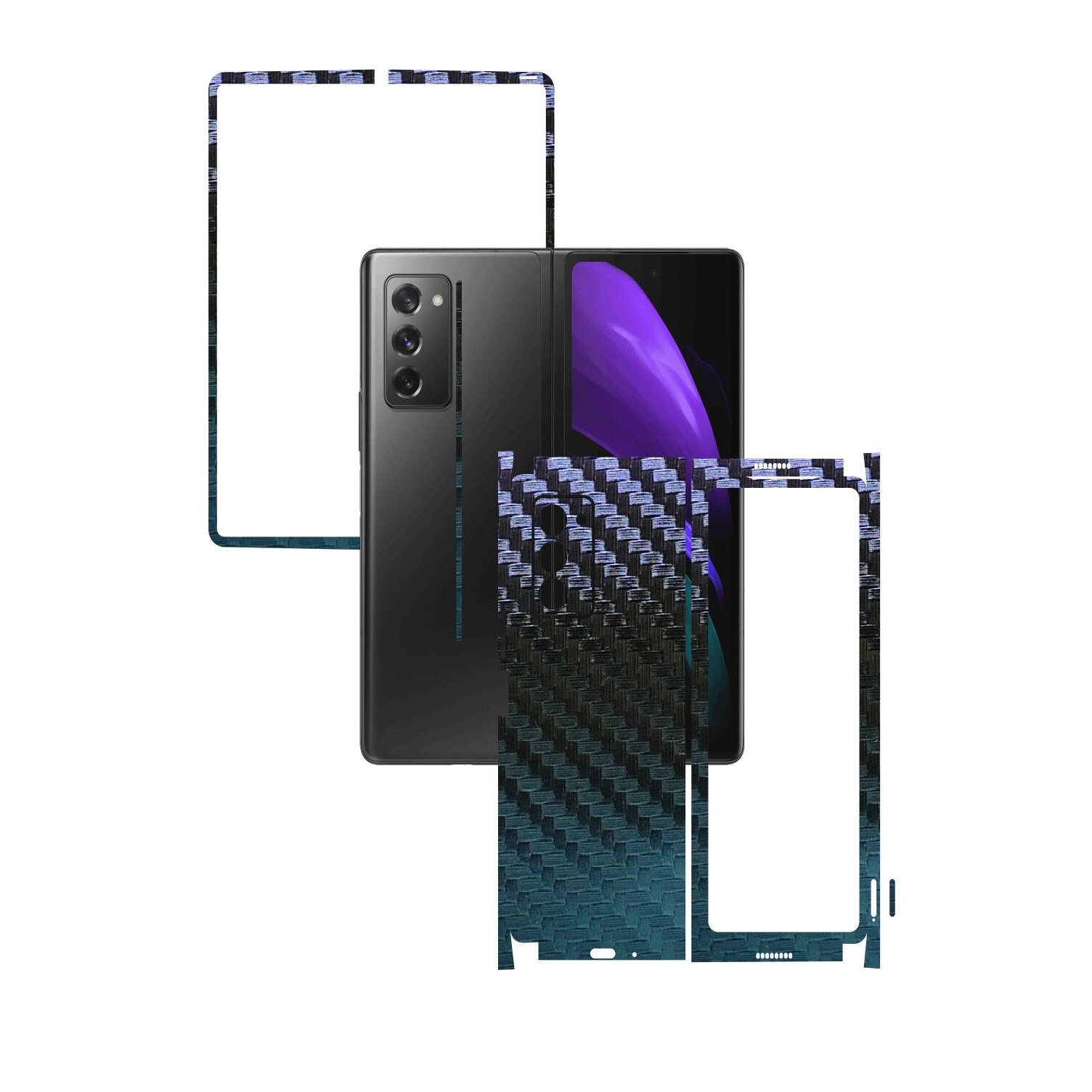 Folie Protectie Carbon Skinz pentru Samsung Galaxy Z Fold 2 5G - Carbon Cameleon 360 Cut, Skin Adeziv Full Body Cover pentru Rama Ecran, Carcasa Spate si Laterale