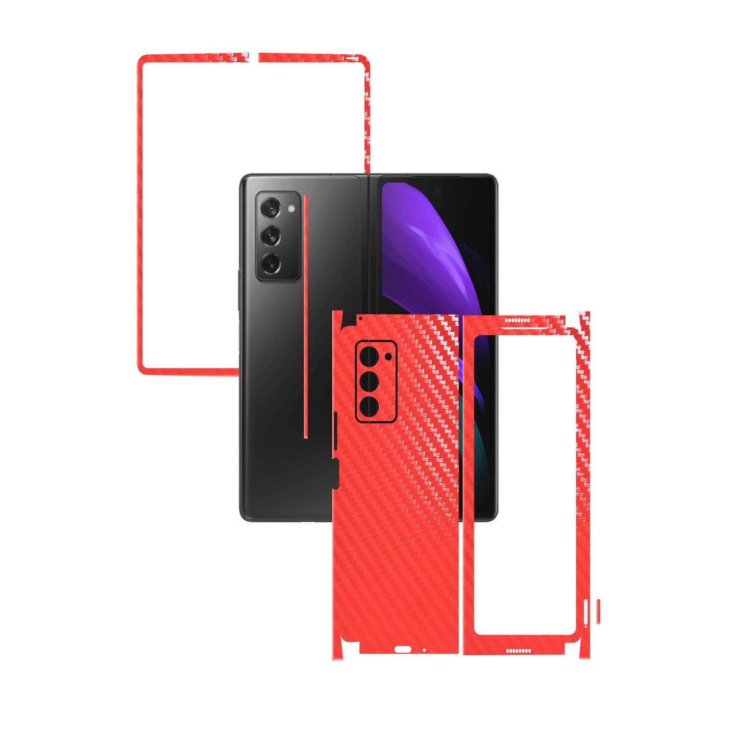 Folie Protectie Carbon Skinz pentru Samsung Galaxy Z Fold 2 5G - Carbon Rosu 360 Cut, Skin Adeziv Full Body Cover pentru Rama Ecran, Carcasa Spate si Laterale