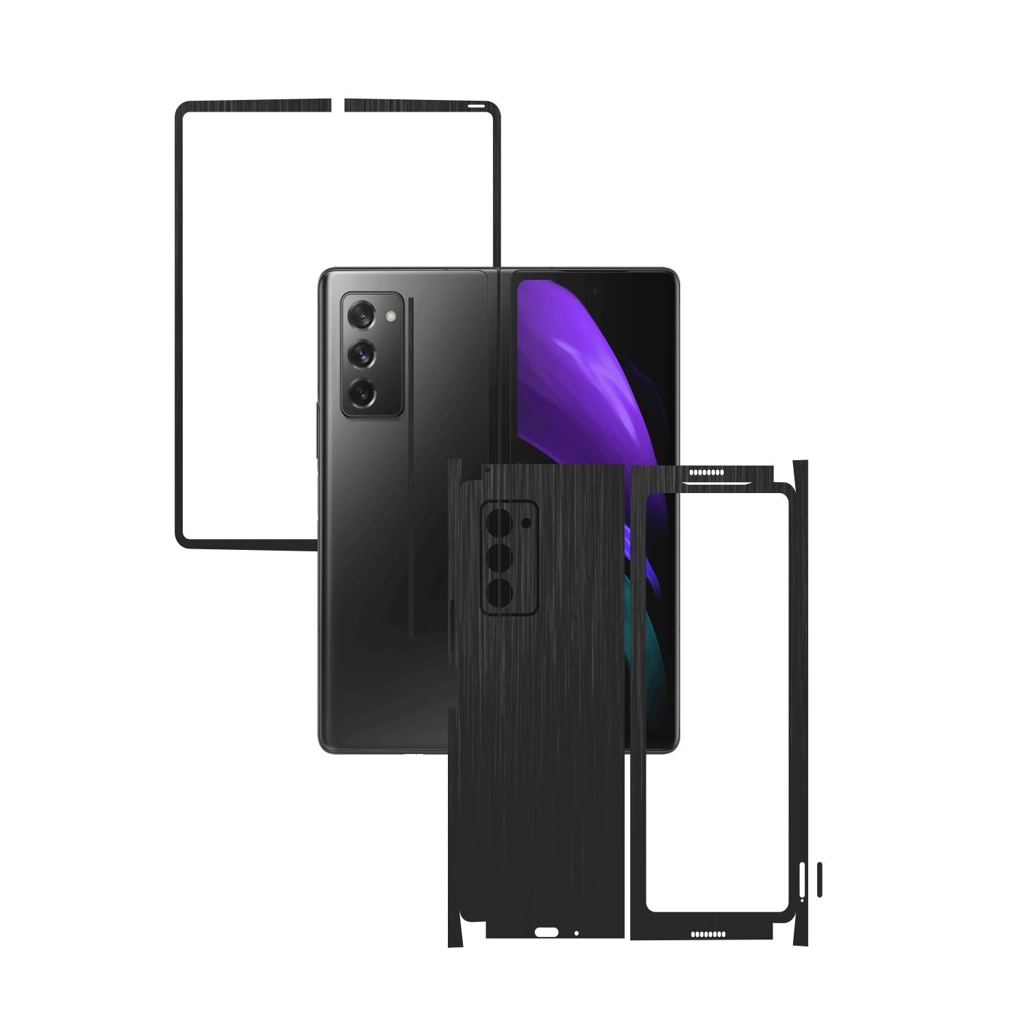 Folie Protectie Carbon Skinz pentru Samsung Galaxy Z Fold 2 5G - Brushed Negru 360 Cut, Skin Adeziv Full Body Cover pentru Rama Ecran, Carcasa Spate si Laterale