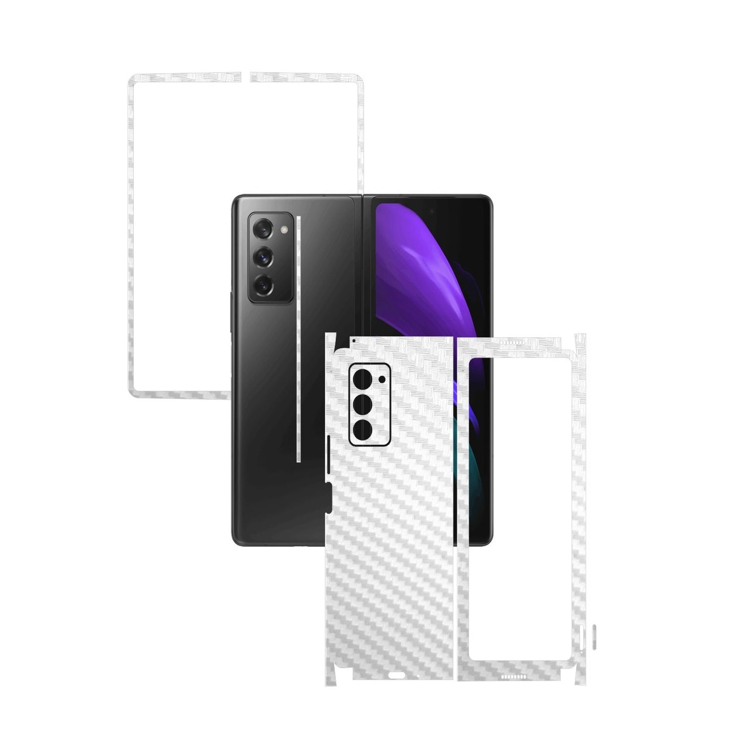 Folie Protectie Carbon Skinz pentru Samsung Galaxy Z Fold 2 5G - Carbon Alb 360 Cut, Skin Adeziv Full Body Cover pentru Rama Ecran, Carcasa Spate si Laterale