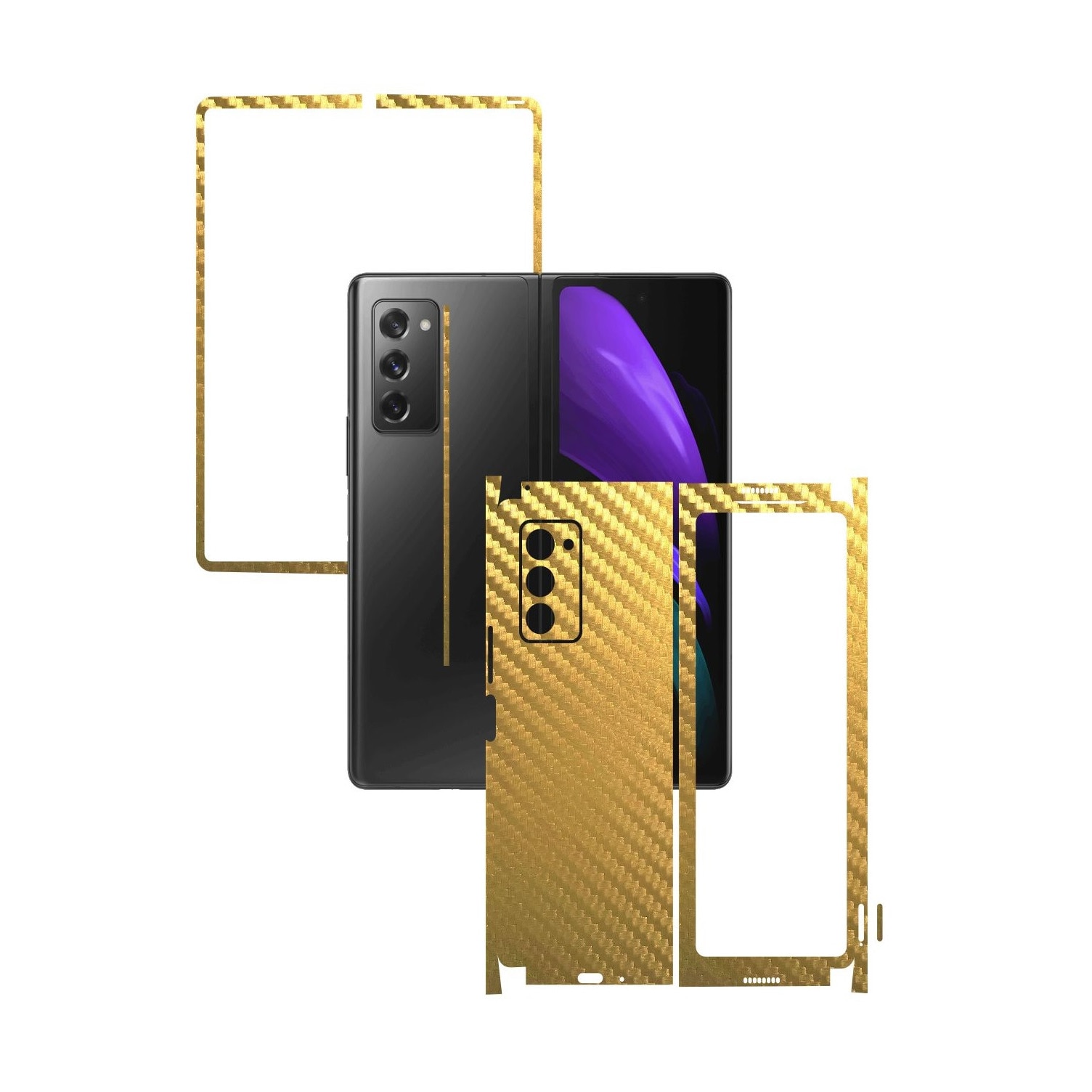 Folie Protectie Carbon Skinz pentru Samsung Galaxy Z Fold 2 5G - Carbon Auriu 360 Cut, Skin Adeziv Full Body Cover pentru Rama Ecran, Carcasa Spate si Laterale
