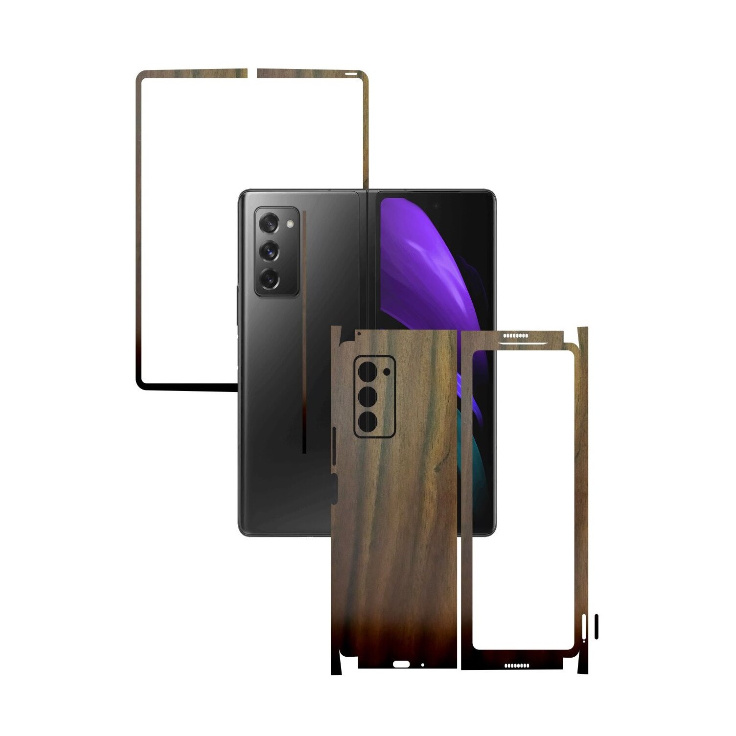 Folie Protectie Carbon Skinz pentru Samsung Galaxy Z Fold 2 5G - Lemn Nuc 360 Cut, Skin Adeziv Full Body Cover pentru Rama Ecran, Carcasa Spate si Laterale
